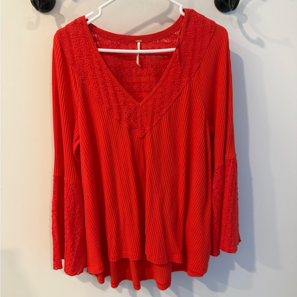 Free People Vibrant Red Lace Blouse